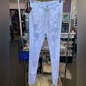 Rhinestone-chain light denim skinny jeans